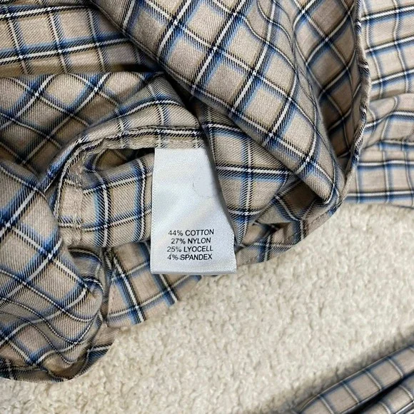Cremieux Slim Fit Mens XL Plaid Button Down Shirt Tan Blue Long Sleeve Stretch - Picture 7 of 7